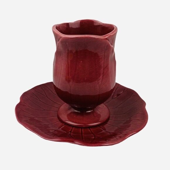 Vintage Metlox Poppytrail Lotus Cranberry Pedestal Mug Cup and Saucer USA 1179 - Picture 3 of 12